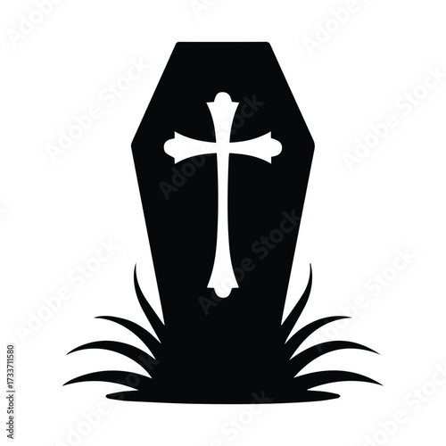 Solemn coffin silhouette with christian cross and grass burial symbolizing death and mourning silhouette