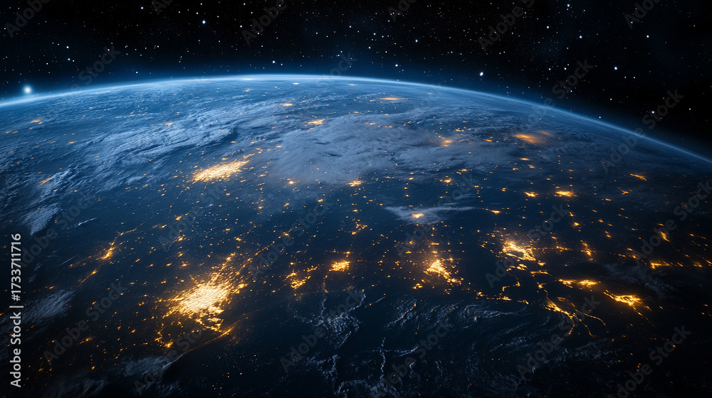 Fototapeta premium View from orbit showing planet Earth at night with glowing atmosphere city lights and cosmic space background symbolizing unity mystery and global connection.