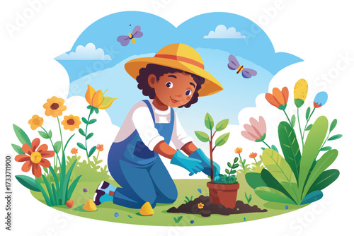 Joyful Boy Enjoying Gardening with Bright Flowers and Sun