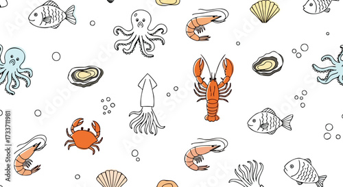 Whimsical illustration showcasing various marine creatures, including fish, crustaceans, and mollusks, against a white background.