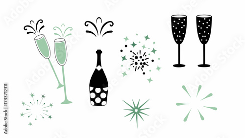 Illustration of champagne bottle and glasses with fireworks and stars in black and green color palette design