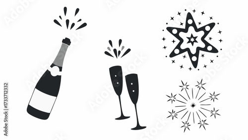 Celebratory scene with champagne bottle, flutes, and starbursts in a monochrome vector illustration
