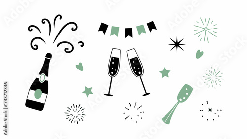 Celebration with champagne bottle, glasses, confetti, stars, and banner, perfect for festive occasions