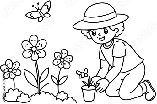 Joyful Boy Enjoying Gardening with Bright Flowers and Sun Line Art