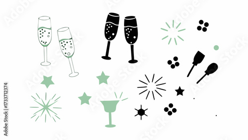 Illustration of champagne flutes, cocktail glass, stars, and fireworks on a white background design