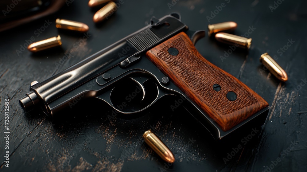 Fototapeta premium Detailed close-up of a handgun displayed among scattered bullets on a dark wooden surface during a focused still life arrangement