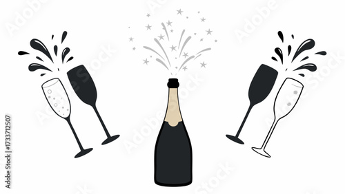 Celebration illustration featuring champagne bottle with popping stars and two pairs of champagne glasses