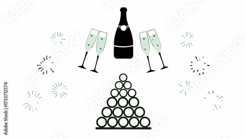 Celebratory scene with champagne bottle glasses pyramid of balls and fireworks on a white background