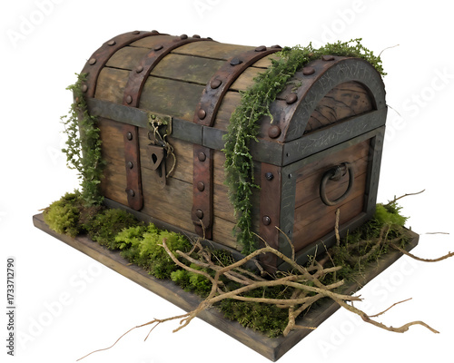 Antique Wooden Treasure Chest Encrusted with Moss and Vines Revealing a Hidden Discovery and Adventure in a Mystical Forest Setting