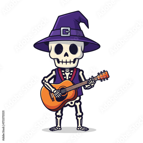 A cartoon skeleton wearing a purple witch hat and vest plays an acoustic guitar.