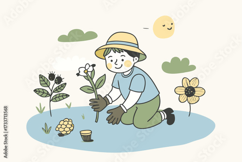 Joyful Boy Enjoying Gardening with Bright Flowers and Sun