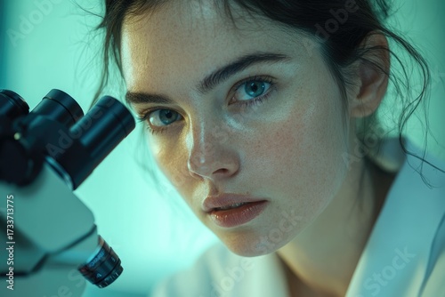 A focused female scientist with intense blue eyes observes through a microscope in a laboratory, illuminated by a cool, teal light.
