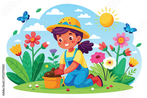 Joyful Boy Enjoying Gardening with Bright Flowers and Sun