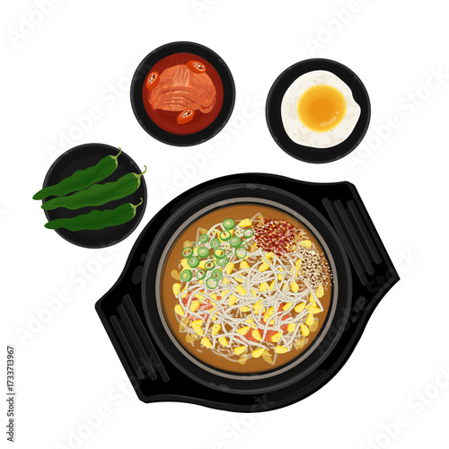 Vector Illustration Logo Clipart Top View Kongnamul Gukbap with Kimchi and Eggs