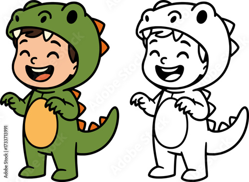  smiling cartoon child in dinosaur halloween costume, colored and black outline version for coloring