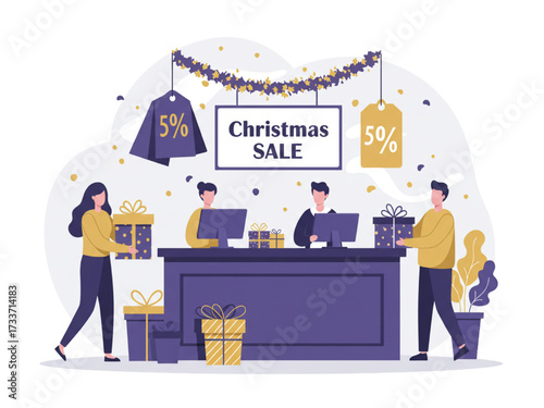 Christmas Sale Shop Counter Illustration with Customers Exchanging Gifts Discount Tags Festive Hanging Decorations Percentage Off Signs and Holiday Shopping Vector