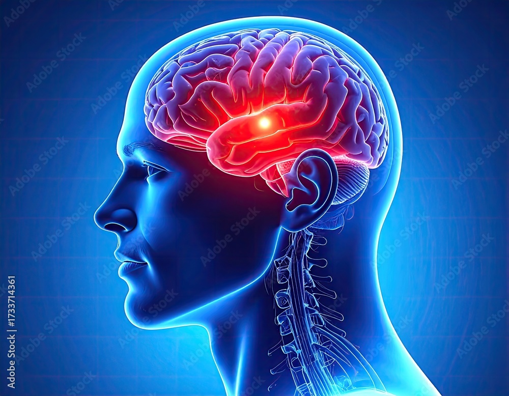 Obraz premium Profile view of a head showing a highlighted brain structure with glowing section