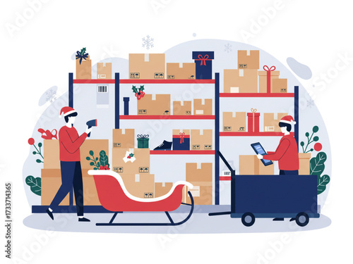 Christmas Warehouse Logistics Team Illustration with Santa Hats Boxes Sleigh Forklift Scanning Gifts Holiday Shelves and Festive Packages Vector