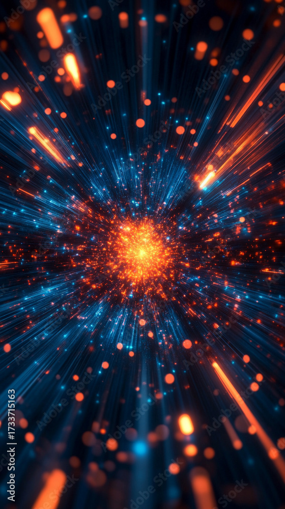 Fototapeta premium Dynamic warp speed radial light background with blue and orange streaks symbolizing energy acceleration cosmic journey and futuristic vision of limitless motion.