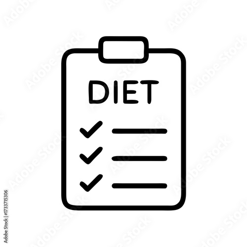 Minimalist black outline vector icon of a checklist with the word “Diet,” symbolizing nutrition management, weight control, and healthy lifestyle habits. Isolated on a transparent background