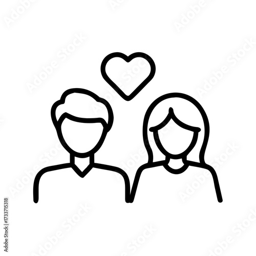 Minimalist black outline vector icon of a couple in love with a heart between them, symbolizing romance, relationship, isolated on a transparent background