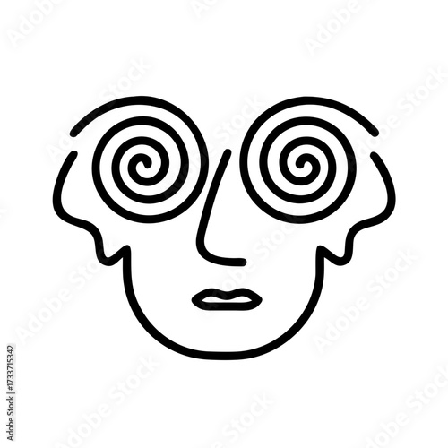 Minimalist black outline vector icon of a face with spiral eyes, symbolizing hypnosis. Isolated on a transparent background