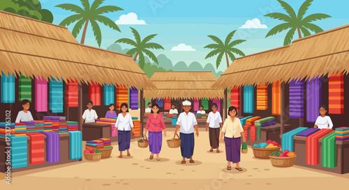 Local Vendors Selling Textiles in Vibrant Outdoor Market Environment