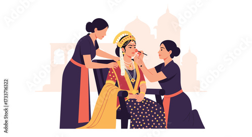 Bridal Makeup Preparation, Indian Woman, Traditional Venue, Illustration, Cultural Setting, Side View, Beauty Ritual