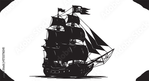 Pirate ship sailing on the ocean black and white vector illustration perfect for historical designs and adventure themes