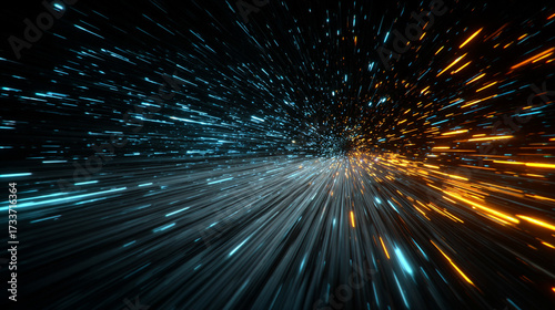 Dynamic warp speed radial light background with blue and orange streaks symbolizing energy acceleration cosmic journey and futuristic vision of limitless motion.