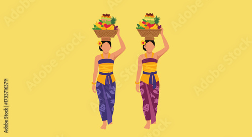 Women Carrying Fruits, Market Scene, Tropical Environment, Illustration
