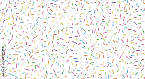 A vibrant, colorful confetti pattern scattered across a clean white background, creating a festive visual effect.