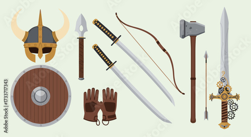 Medieval Weapons, Armor, and Shields Illustration, Fantasy Theme, Digital Art, Creative Environment