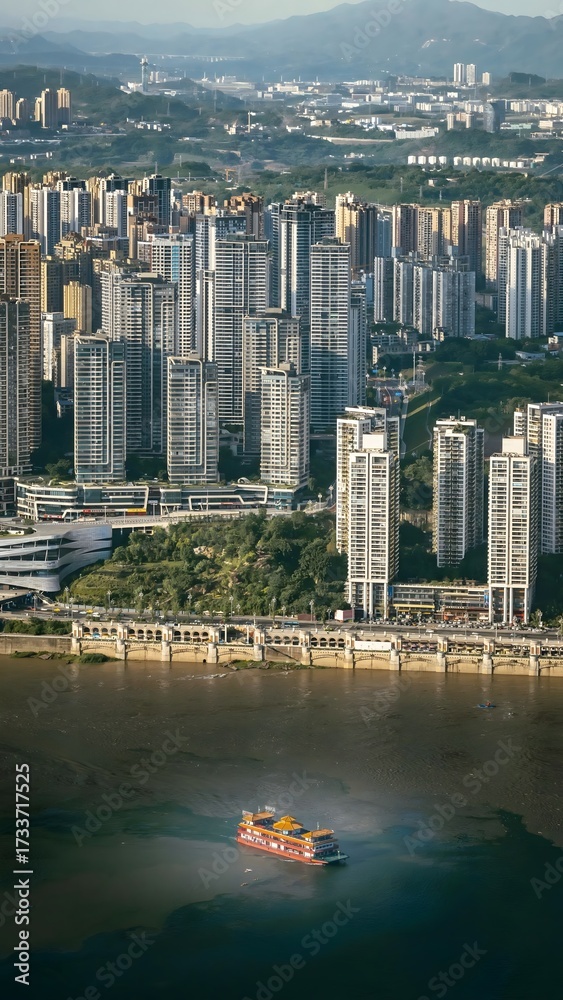 Fototapeta premium Chongqing Modern Cityscape with Traditional Passenger Boat on Yangtze River and Urban Skyscrapers Along Mountainous Landscape