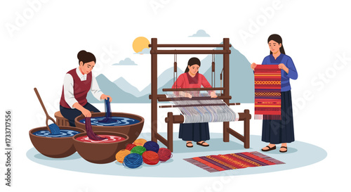 Cultural Textile Weaving Event, Women Artisans, Mountain Region, Illustration, Outdoor Setting, Detailed Craftsmanship Perspective