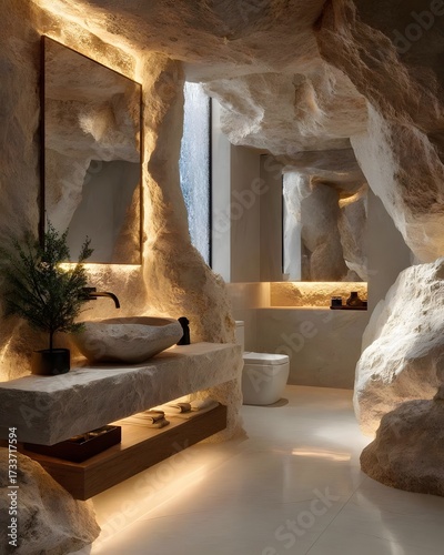 Intimate Cave Bathroom with Stone Sink and Soft Lighting