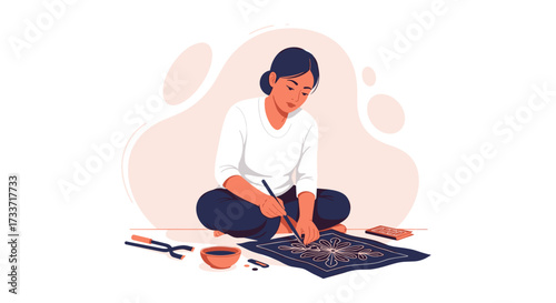 Artisan Creating Intricate Designs, Indoor Workspace, Illustration, Cozy Ambiance, Focused Viewpoint, Cultural Craftsmanship