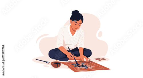 Young Artist Painting Traditional Design at Home, Digital Illustration, Cozy Interior, Artistic Inspiration