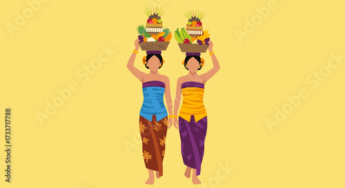 Women Carrying Fruit Baskets, Market Scene, Vibrant Colors, Urban Environment, Side View, Local Traditions