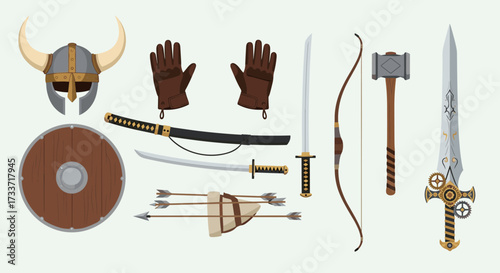 Swords, Shields, and Bows in a Graphic Illustration of Ancient Warfare