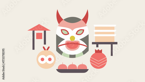 Flat minimal icon set of setsubun festival with oni mask, soybeans, ehomaki sushi roll, torii gate and traditional items