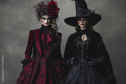 Two women in elaborate gothic fashion, one in dramatic red attire, the other as a mysterious witch in black with a pointed hat.