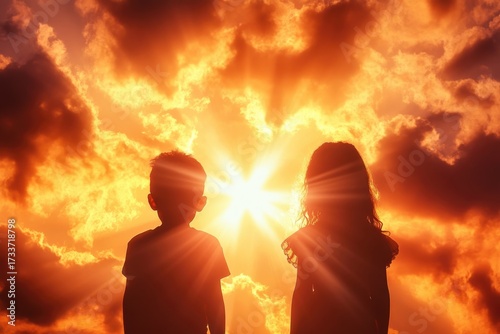 Two children silhouetted against a breathtaking, fiery sunset with a brilliant sunburst and dramatic orange clouds. A scene of hope.