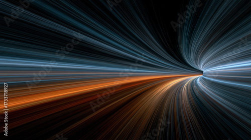 Dynamic warp speed radial light background with blue and orange streaks symbolizing energy acceleration cosmic journey and futuristic vision of limitless motion.