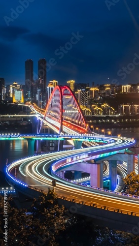 Chongqing Cable-Stayed Bridge with Light Trails and Urban Skyline at Night, China