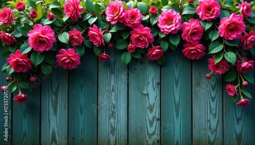 Vibrant blooms cascade over weathered wood fence, summer, roses, peonies