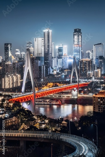 Chongqing Cable Bridge Over Yangtze River with Modern Skyline at Dusk, China Urban Cityscape