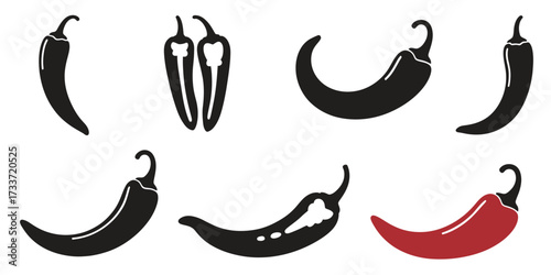 Stylish Chili Pepper Silhouette Icon Set — Vector Collection of Various Hot Chili Silhouettes Featuring Simple Black Pepper Icons for Culinary and Food Design Use