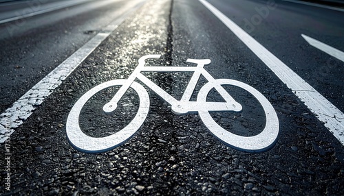 Asphalt Road with White Painted Bicycle Lane Symbol Under Bright Sunlight