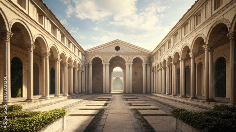 Fototapeta premium Classical Architecture Courtyard: A Digital Rendering of Elegant Columns and Arches